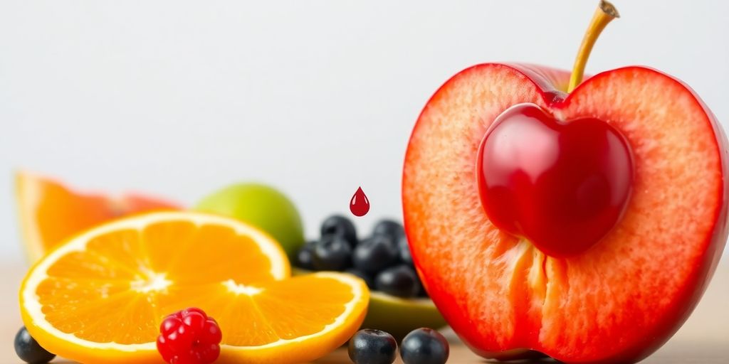 Ripe apples, other fruits, and a blood drop.