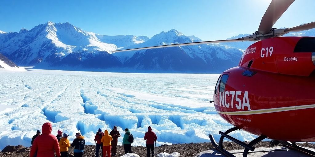 A red helicopter and hikers on a vast blue glacier.