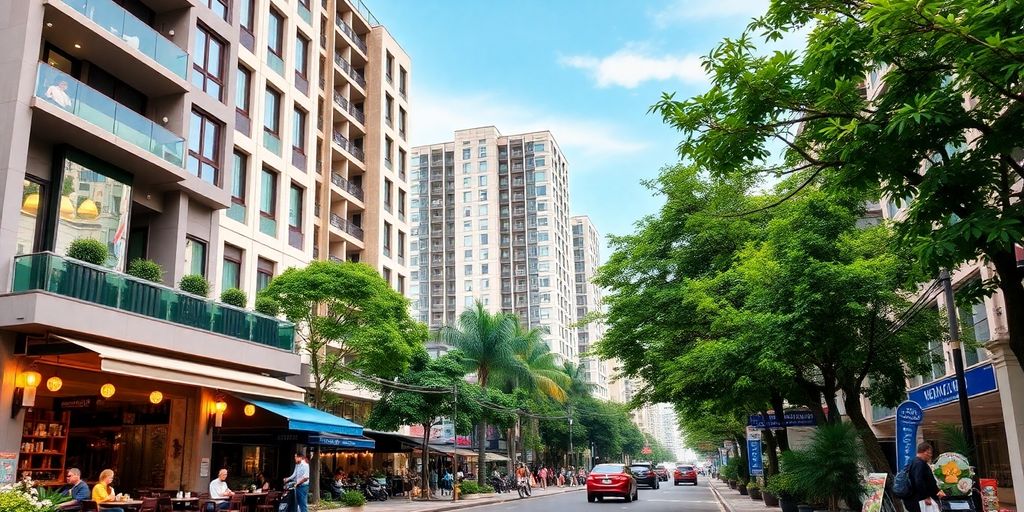 Vibrant Sukhumvit street with modern buildings and greenery.