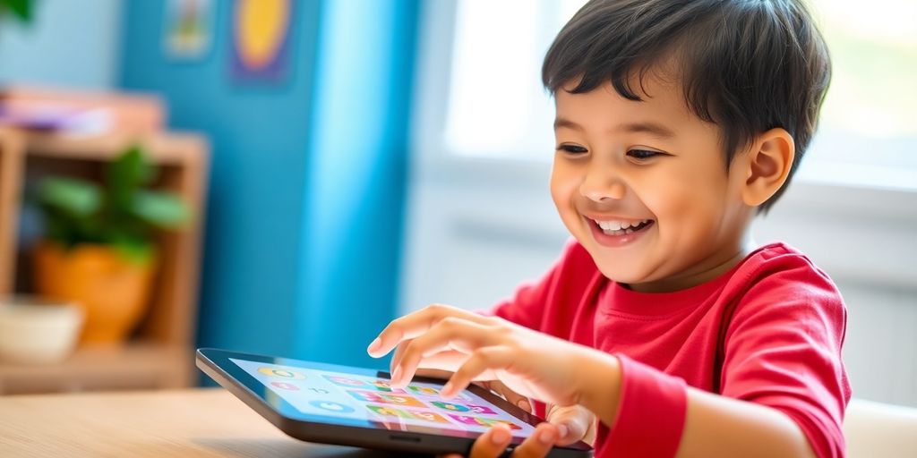 Child actively learning math on a tablet.