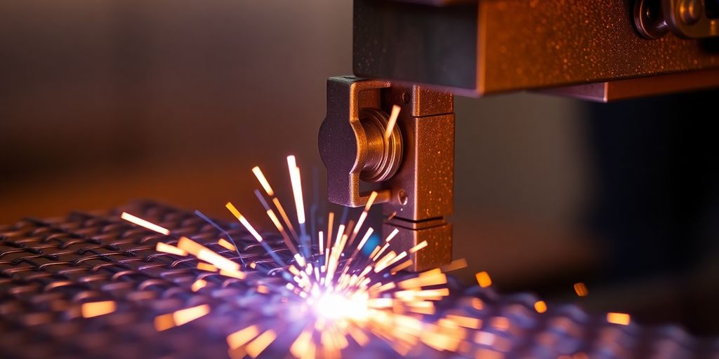Close-up of a mesh welding machine in action.