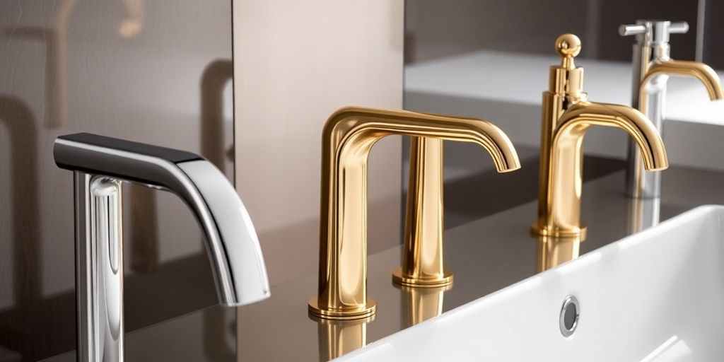 Luxury modern bathroom taps in chrome and gold finish.