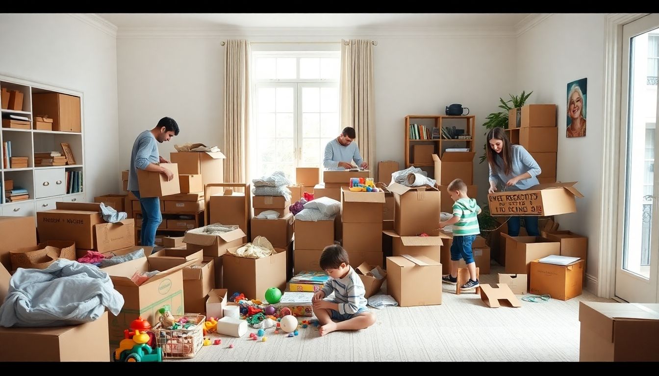 Family clearing space in a bright London home.