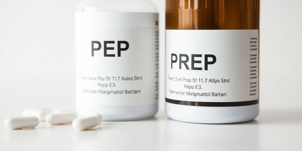 Two pill bottles labeled PEP and PrEP side by side.
