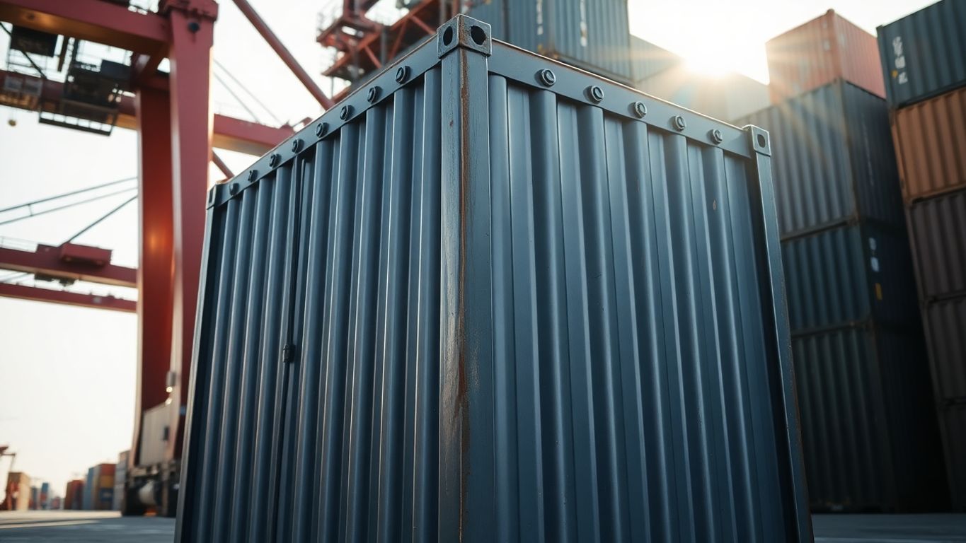 Large, gray, metal shipping container.