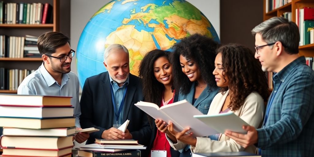 Academics collaborating with books and a globe.
