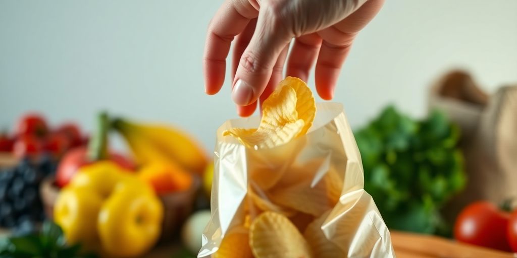 Person reaching for comfort food, surrounded by healthy options.
