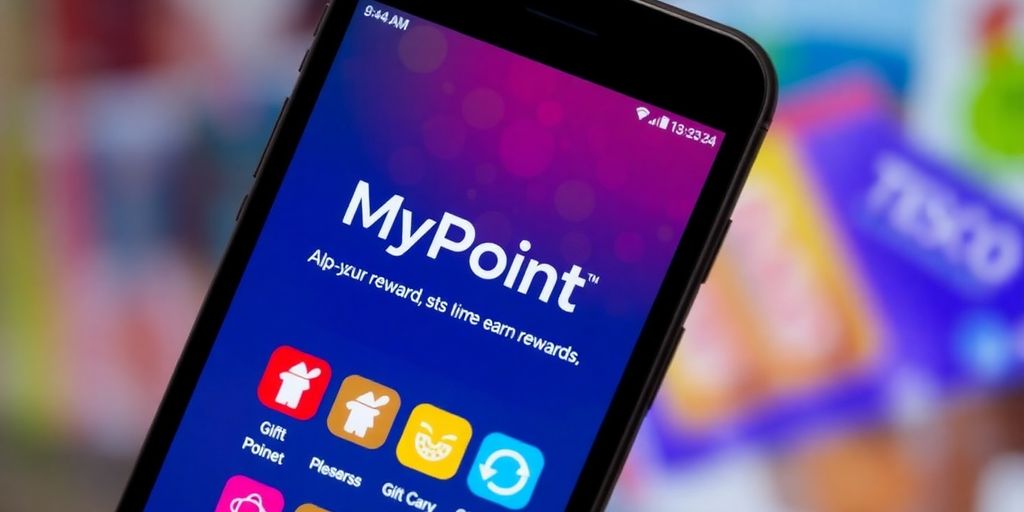 Smartphone displaying MyPoints app for earning Tesco gift cards.