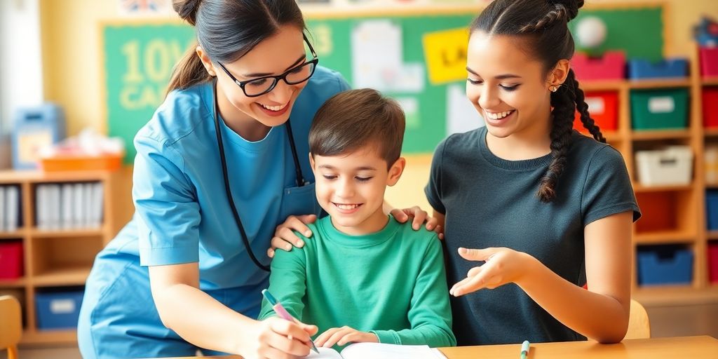 Schulbegleiter hilft Schüler in einem Klassenzimmer.
