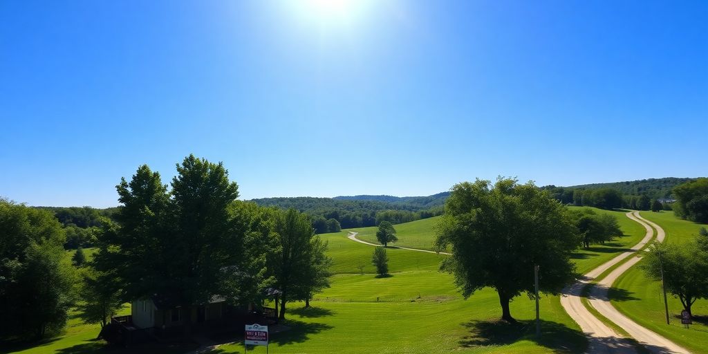 Arkansas landscape with small house, for sale sign