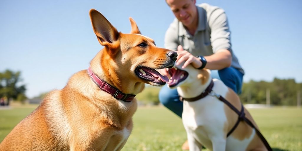 Dog solving a puzzle with its trainer outdoors.