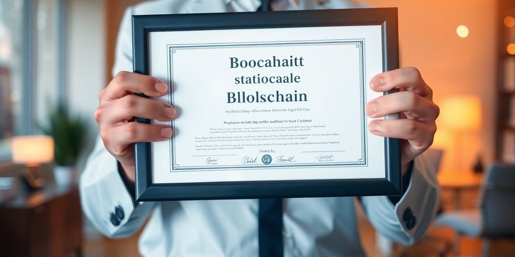 Professional holding a blockchain certification.