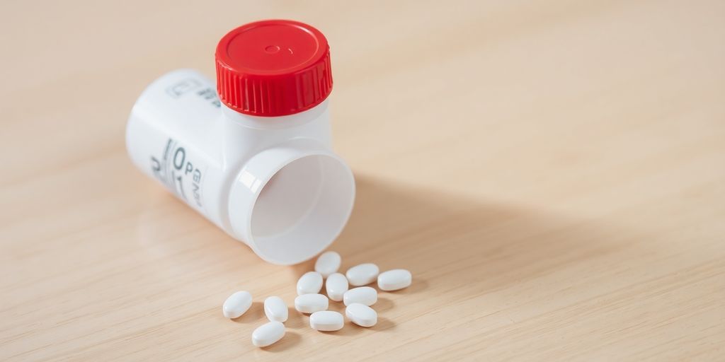 Prescription bottle and pills on a table.
