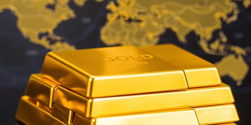 Des barres d'or empilées sur une carte du monde.