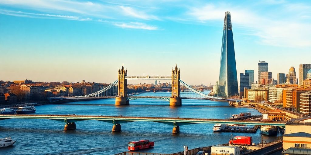 London skyline featuring the River Thames and Tower Bridge.