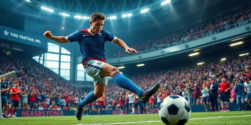 Soccer player dribbling past defenders in vibrant stadium.
