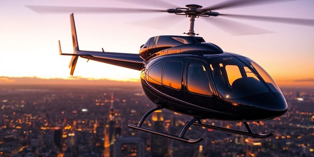 Helicopter soaring over a vibrant city skyline.