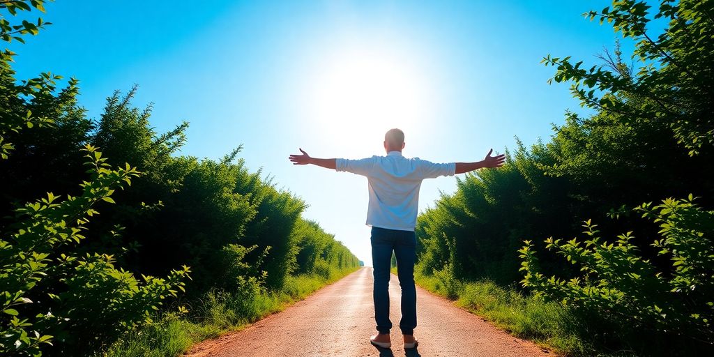 Bright path, clear sky, person walking towards light.