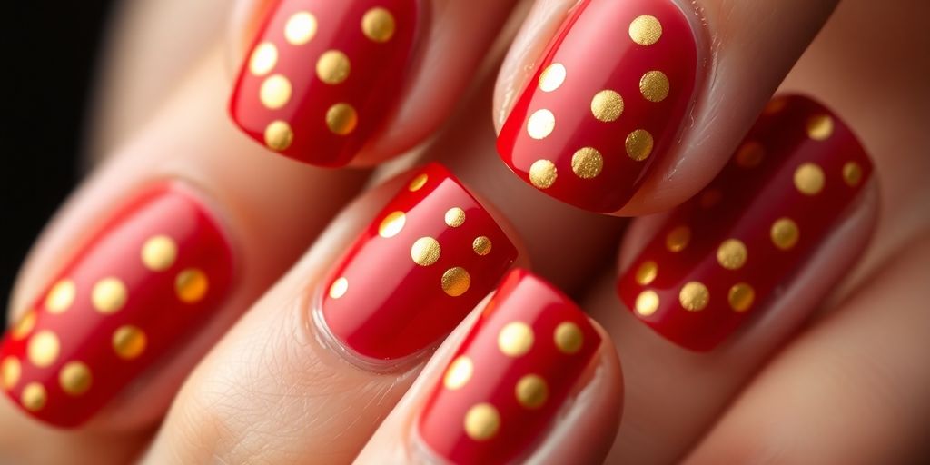 Unhas vermelhas com pontos dourados brilhantes.