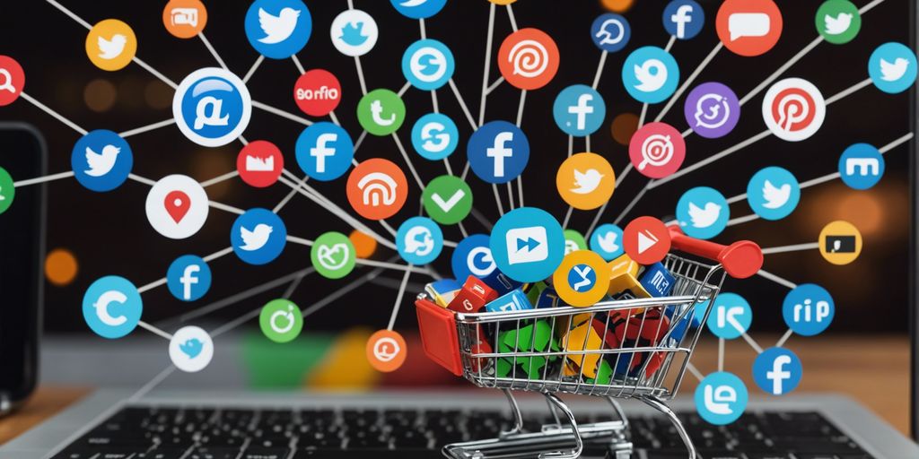 Social media icons connected to a shopping cart, representing the importance of social media in boosting sales.