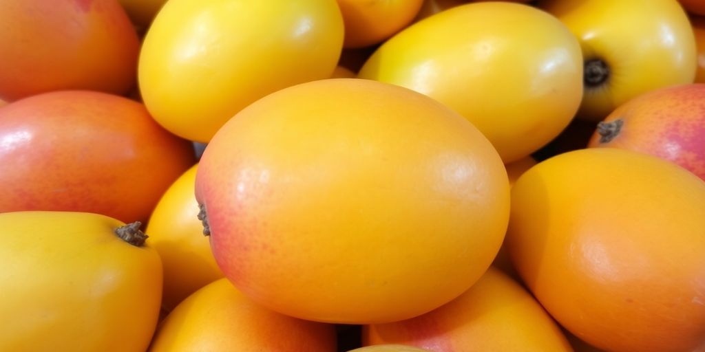 A vibrant display of various ripe mangoes.
