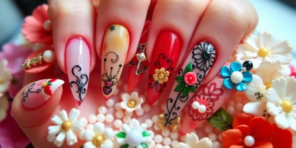 Unhas de fibra decoradas com designs vibrantes e elegantes.