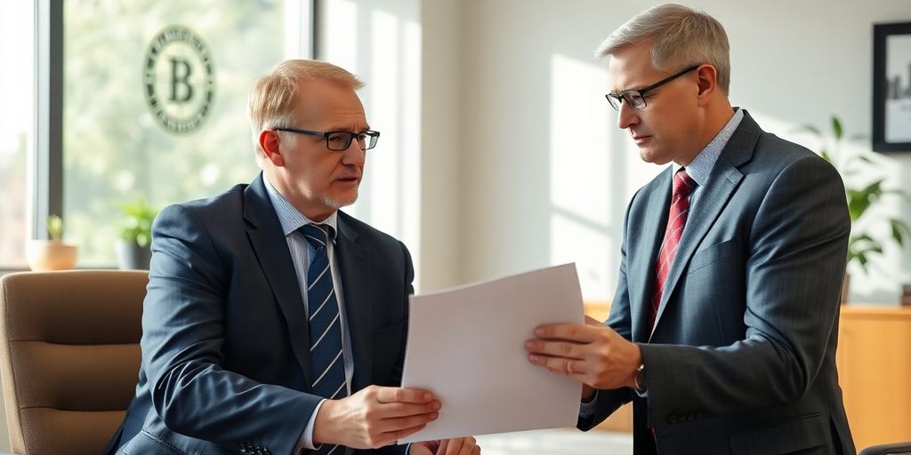 Local attorney consulting with a client in an office.