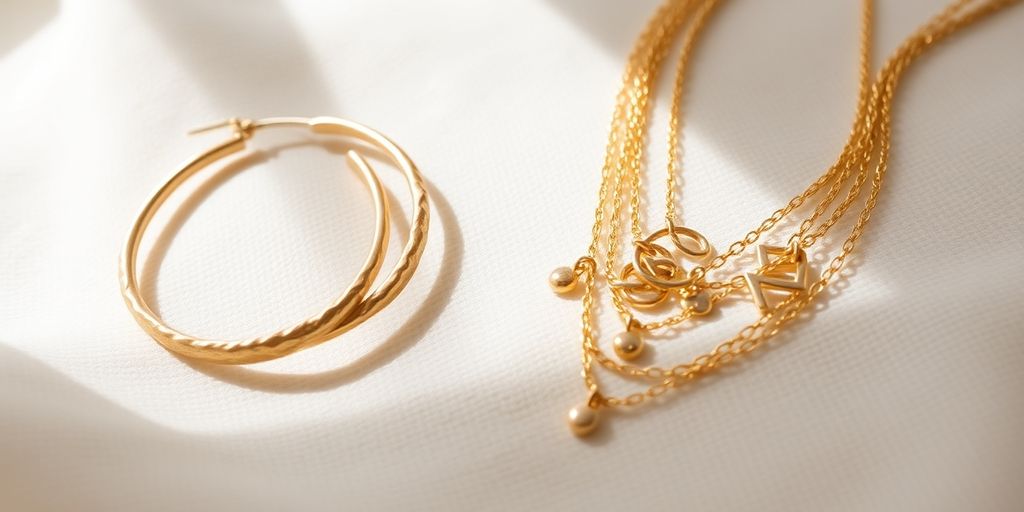 Close-up of Hello Adorn's handcrafted gold earrings and delicate necklaces.