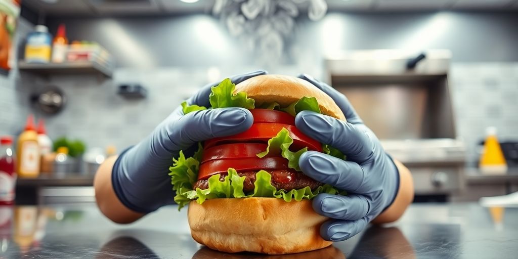 Cook preparing food in a fast food kitchen.