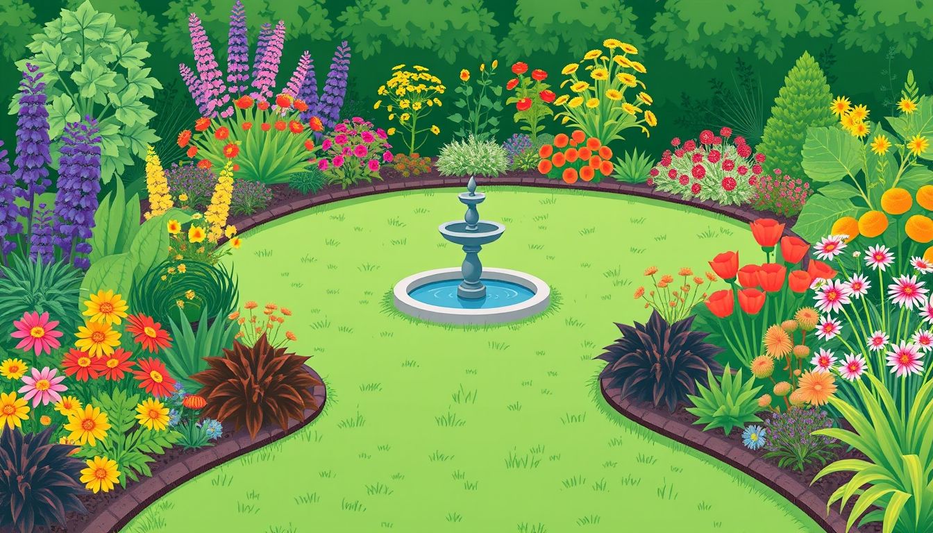 Illustrative garden with plants and a fountain.
