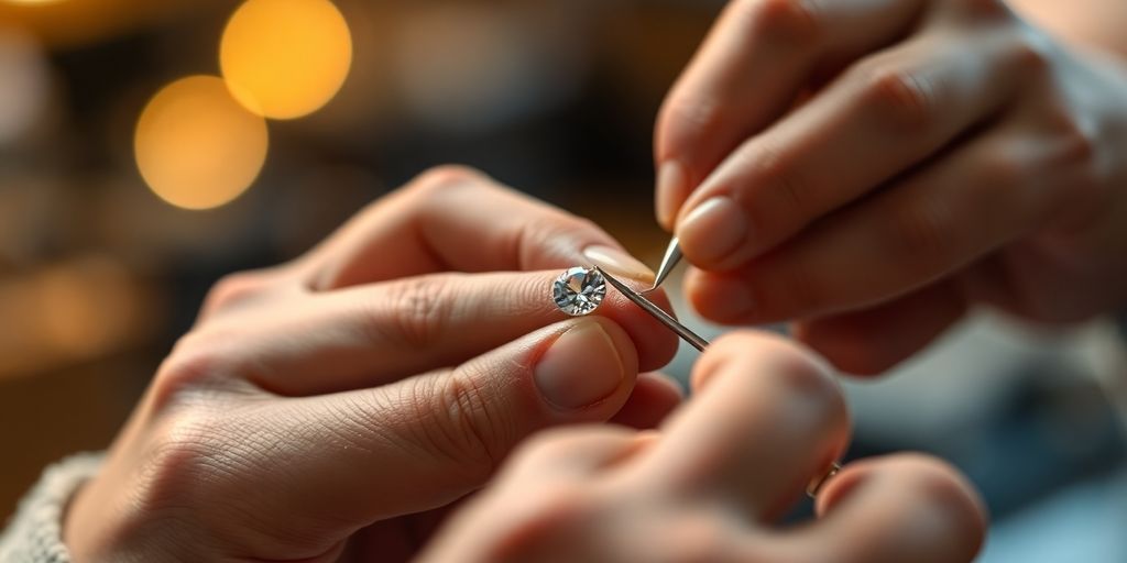 Jeweler's hands meticulously repairing intricate necklace.