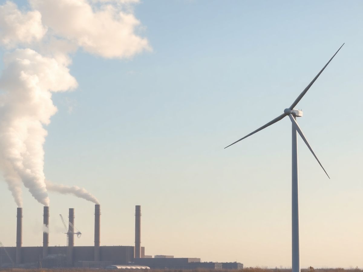 Fabrica industrială emițând fum albastru în apropierea unei turbine eoliene.