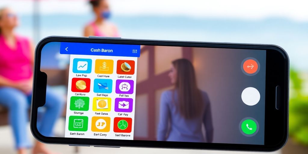 Smartphone with Cash Baron app on screen outdoors.
