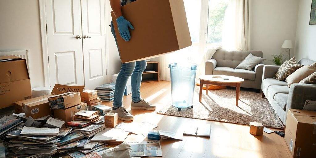 Person removing clutter from sunlit room with boxes and bins.