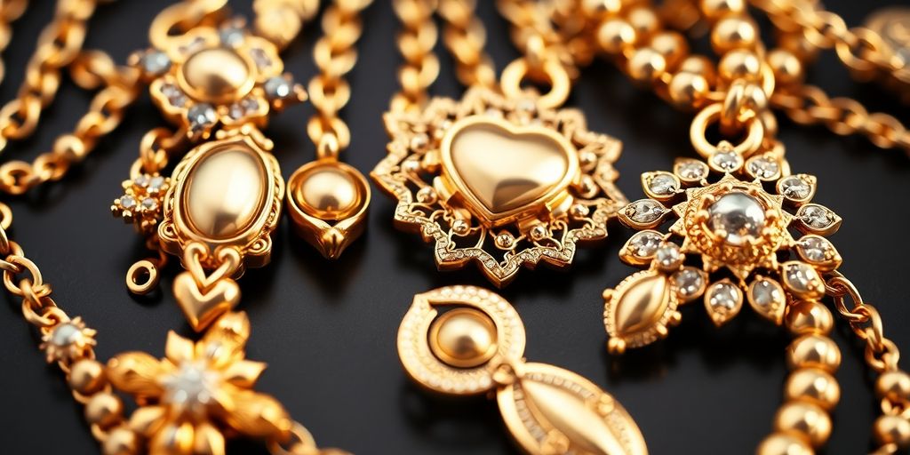 Bijoux en or élégants disposés artistiquement sur une surface.