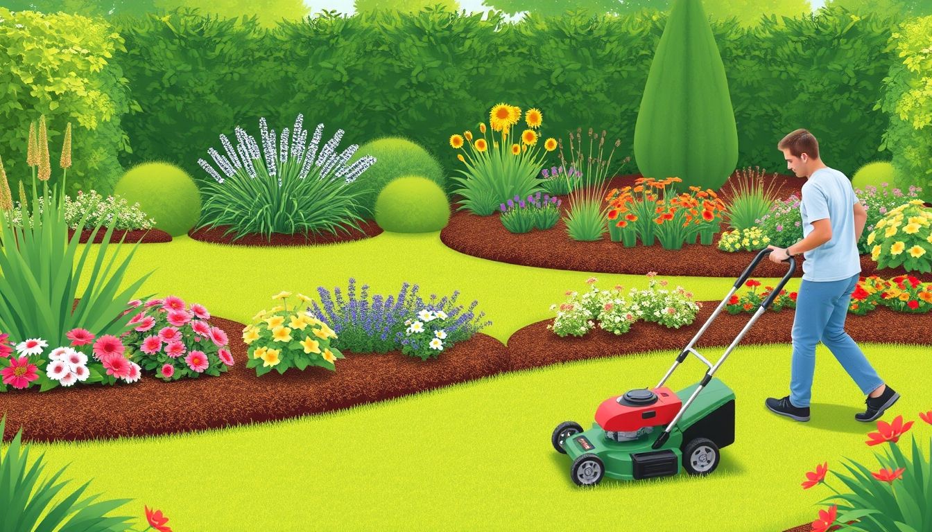 Professional gardener mowing a lush green lawn.