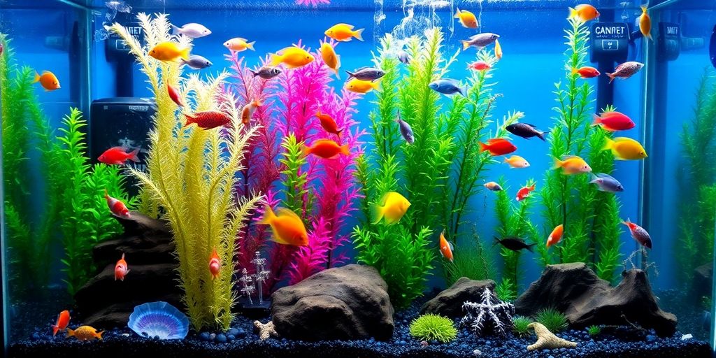 Peces coloridos nadando en un acuario bien mantenido.