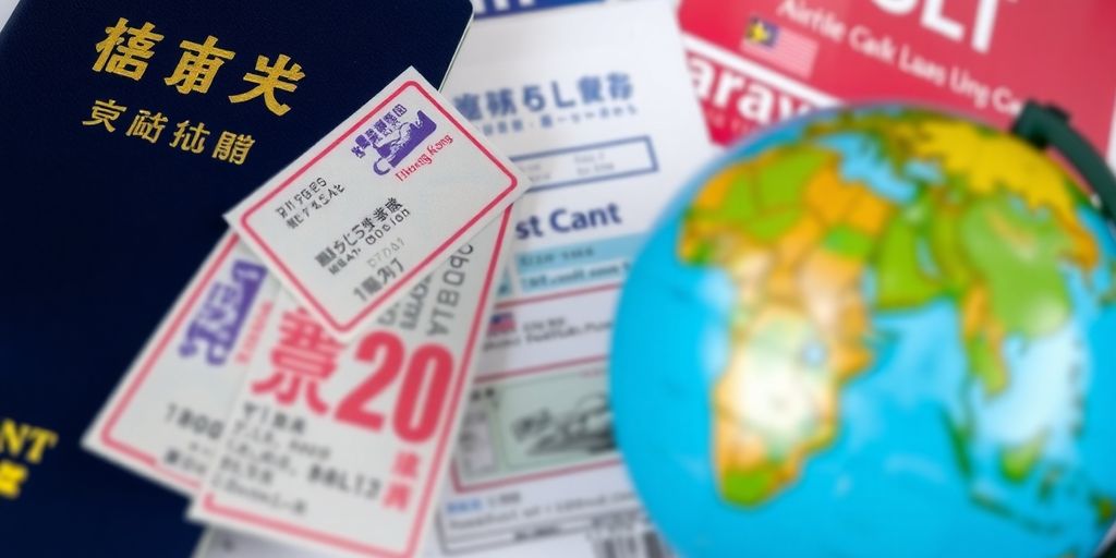 Passport with visa stamps and travel documents on a table.