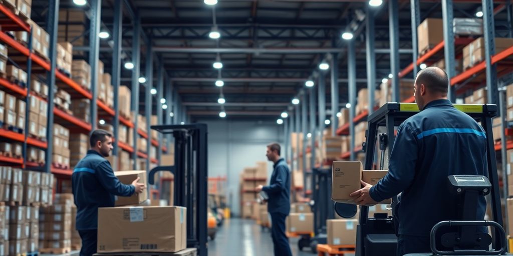 Jobchancen in Produktion und Lager: Einstieg leicht gemacht Lagerarbeiter sortiert Pakete in einem modernen Lagerhaus.