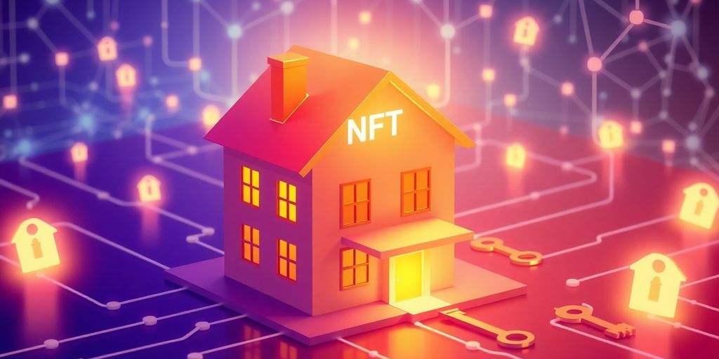 Digital house with nft symbol and virtual keys.
