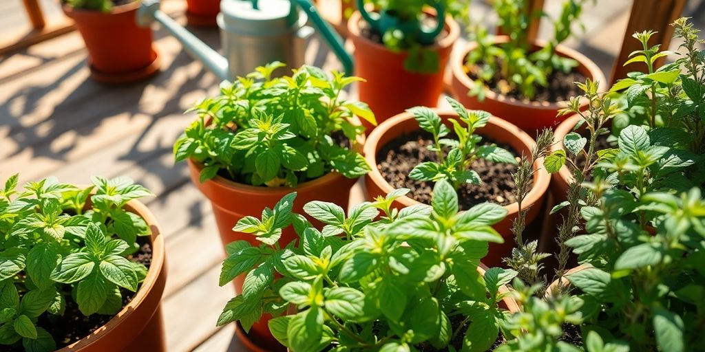 Frische Kräuter in Terrassentöpfen