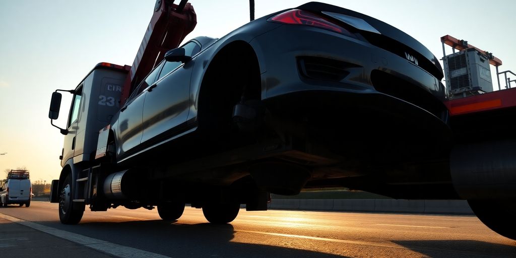 Tow truck hooking up car.