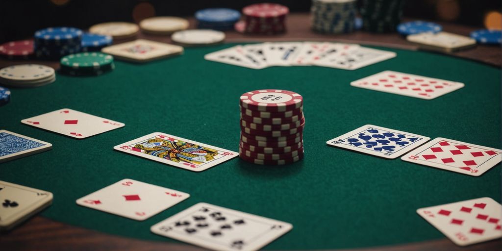 Poker cards and Mahjong tiles arranged together on a table.