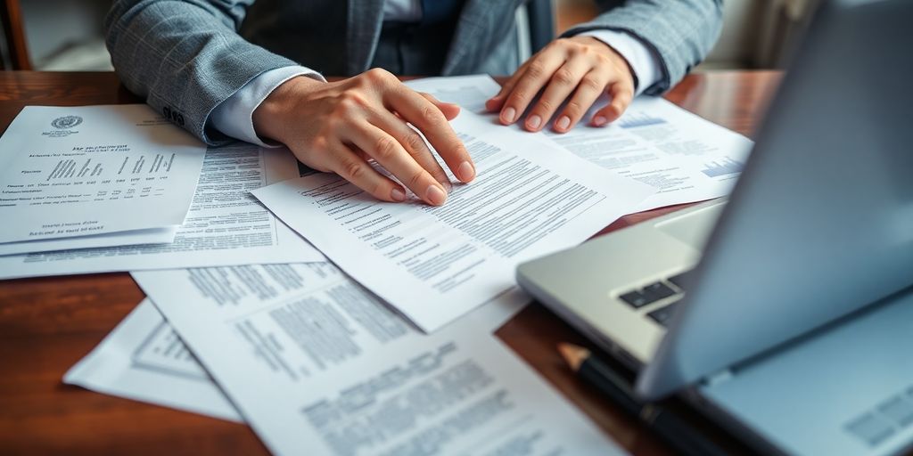 Professional translator working with official documents on a laptop.