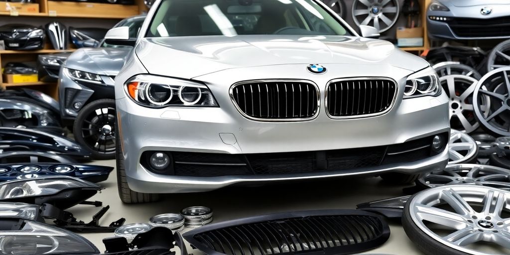 BMW 5 Series sedan with various automotive parts around it.