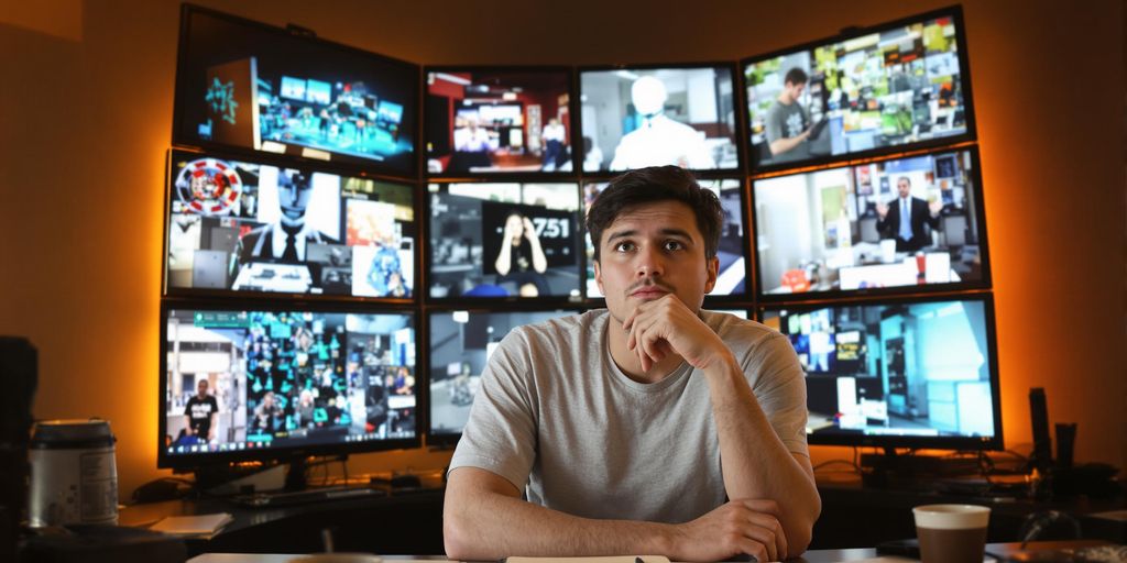 Person pondering AI-generated images at a desk.