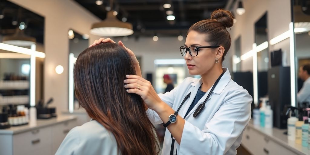 Especialista em saúde capilar examinando cabelo de cliente.