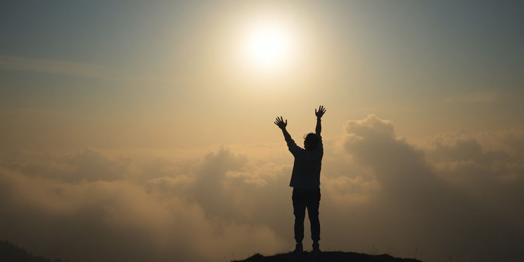 Silhouette reaching towards the sky at sunrise.