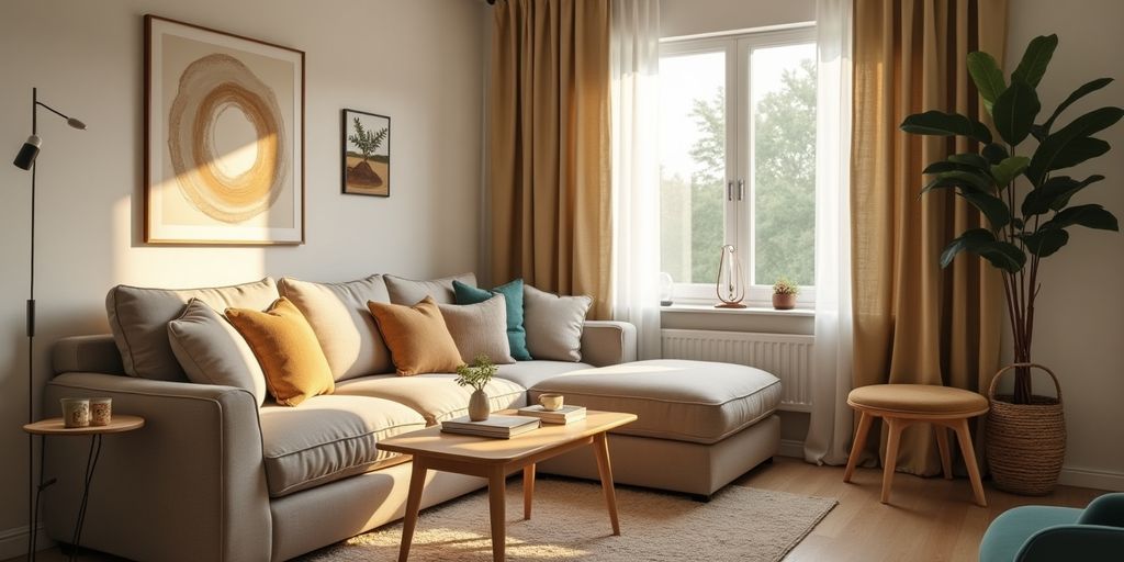 Gemütliches Wohnzimmer mit Sofa und warmem Licht.