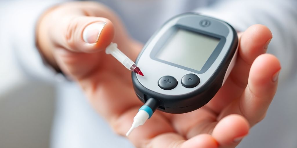 Person checking blood sugar with a device.